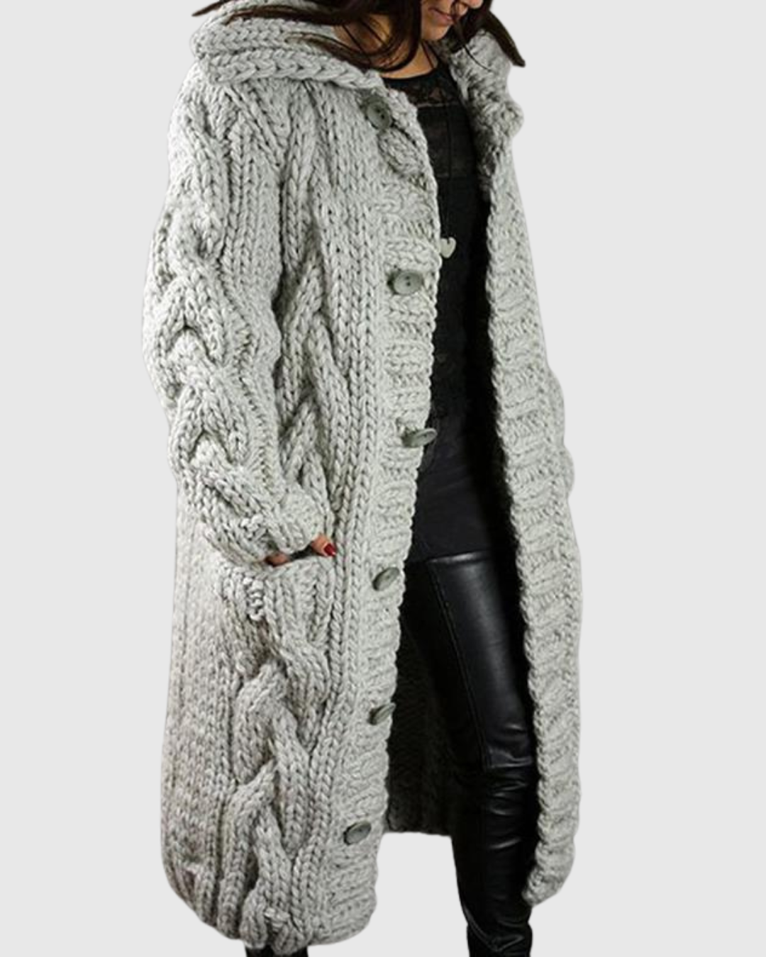 Maelona longline hooded coat in light grey, front view