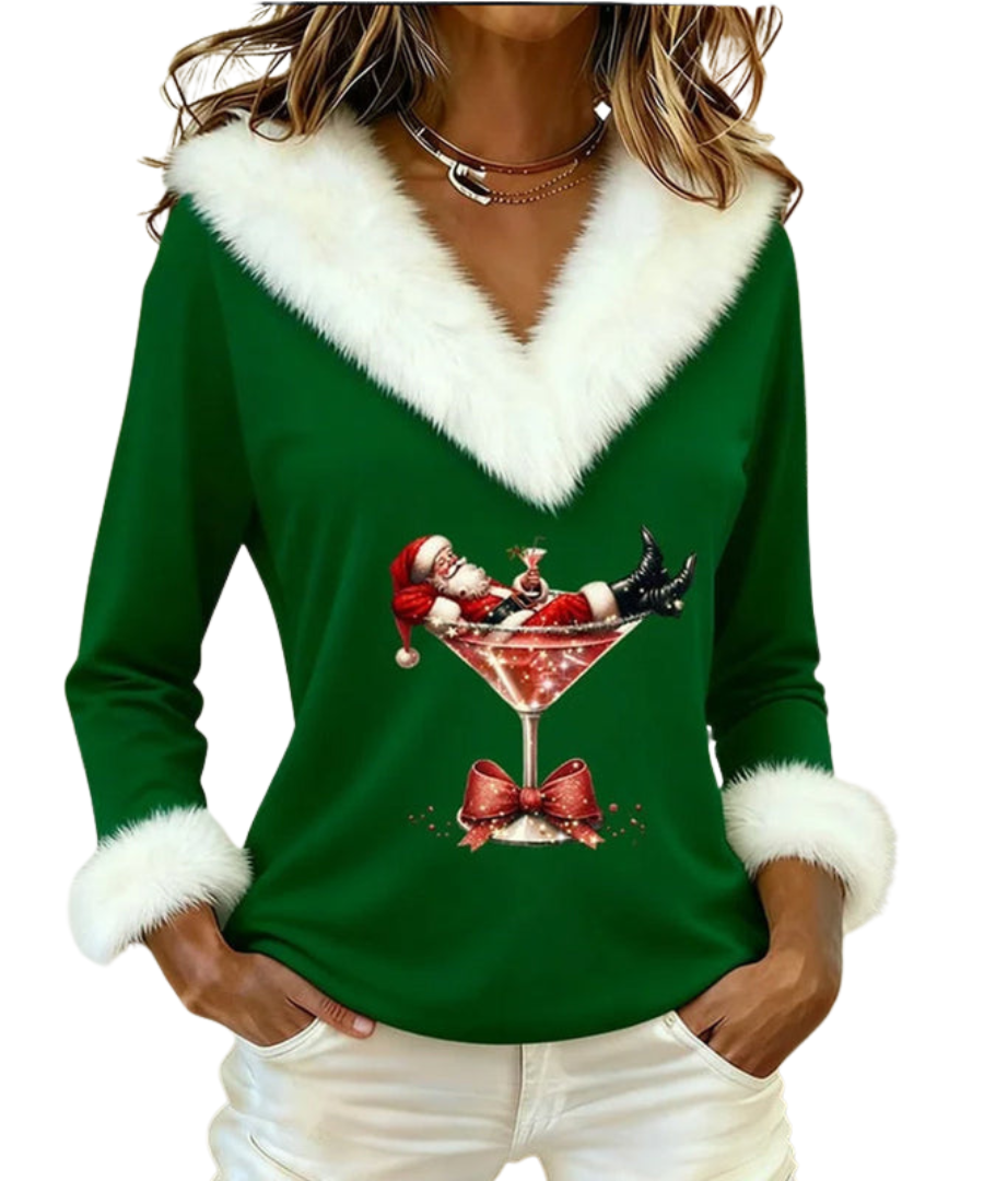 Kavira festive sweater in green with white fur trim, front view