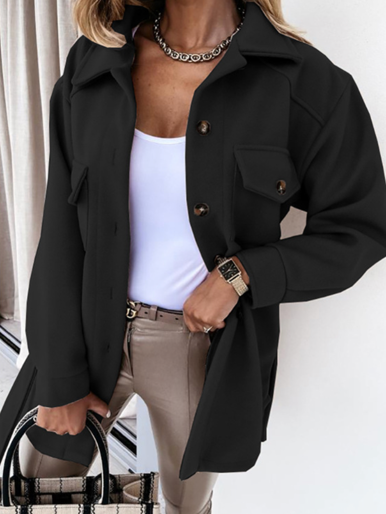 Orlisse shirt jacket in black, front view with tie belt