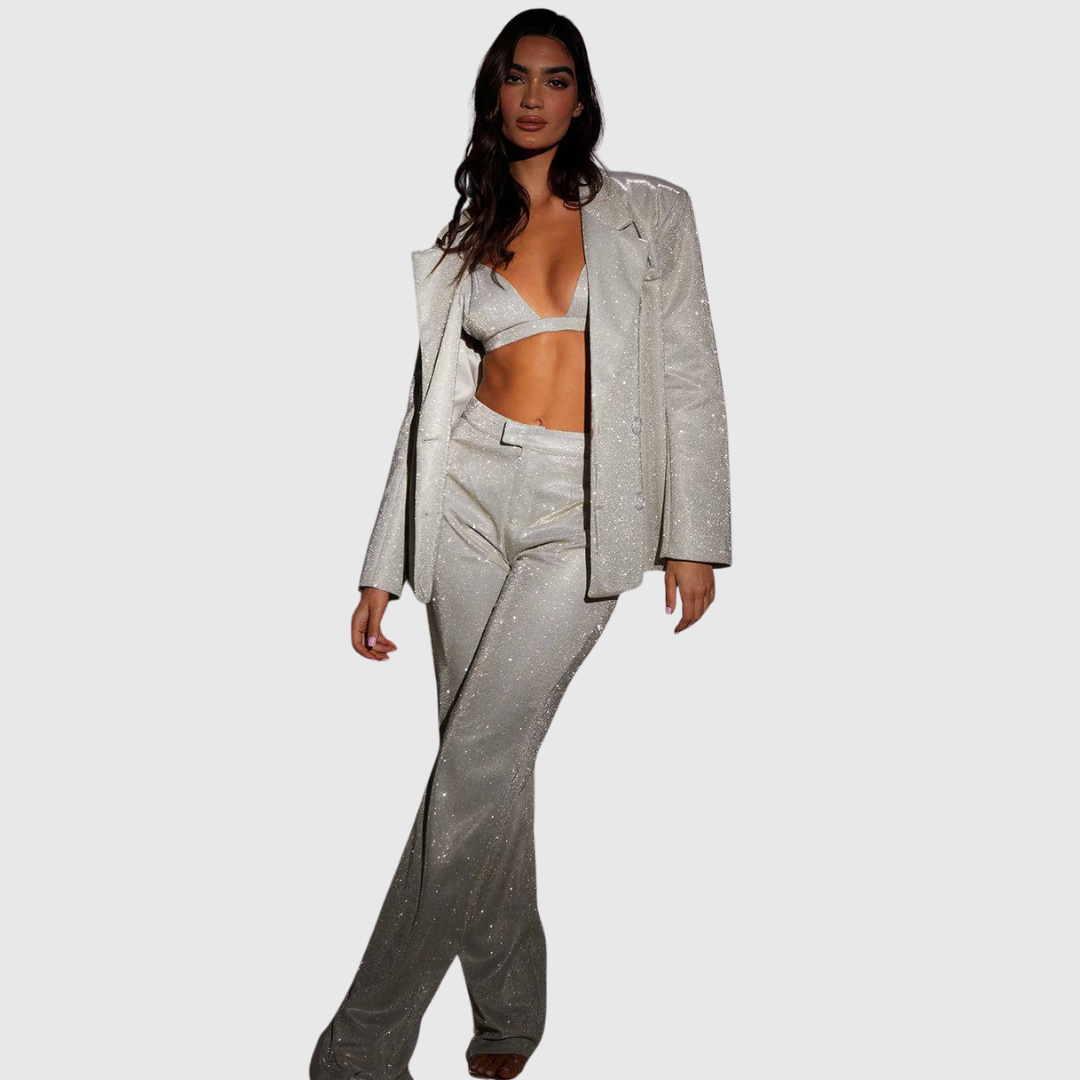 Delphine glitter three-piece set in silver, full-length front view