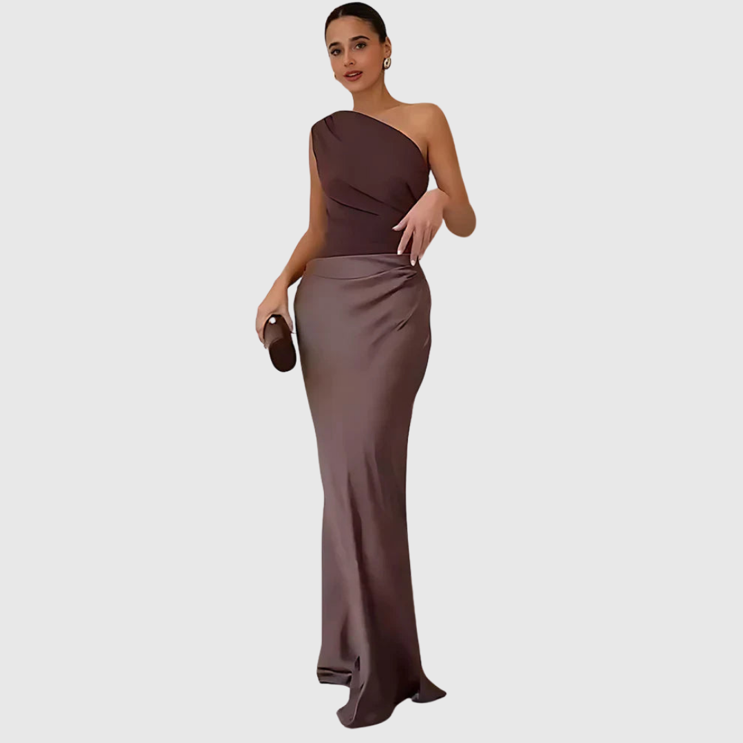 Aleida one-shoulder maxi dress in brown, full-length front view