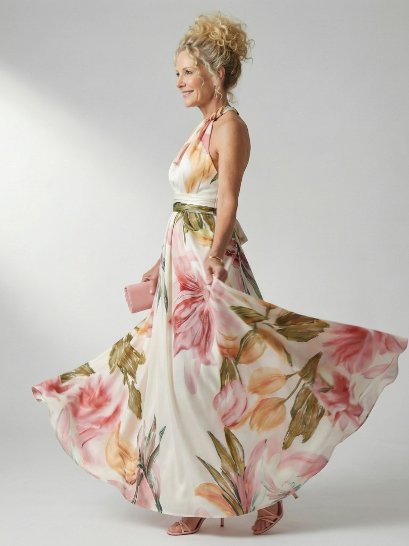 Amiel floral maxi dress in ivory pink print, skirt in movement side view