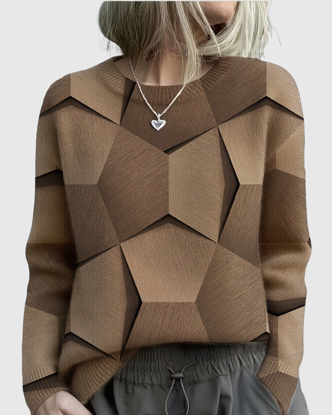 Lavinia geometric knit sweater in brown, front view on model
