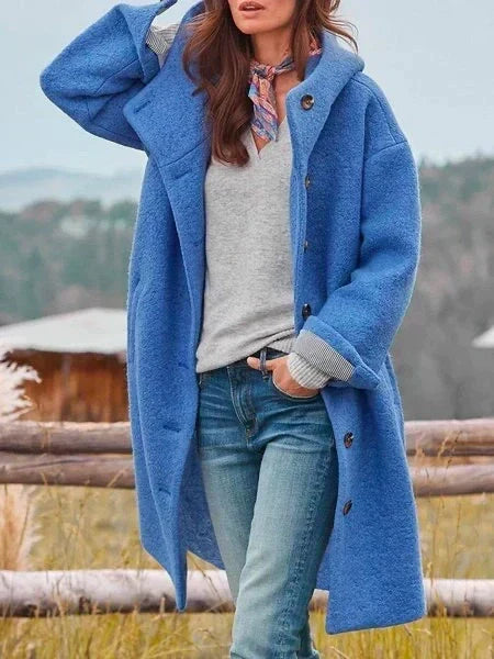 Lenora soft transitional coat in blue, full-length front view