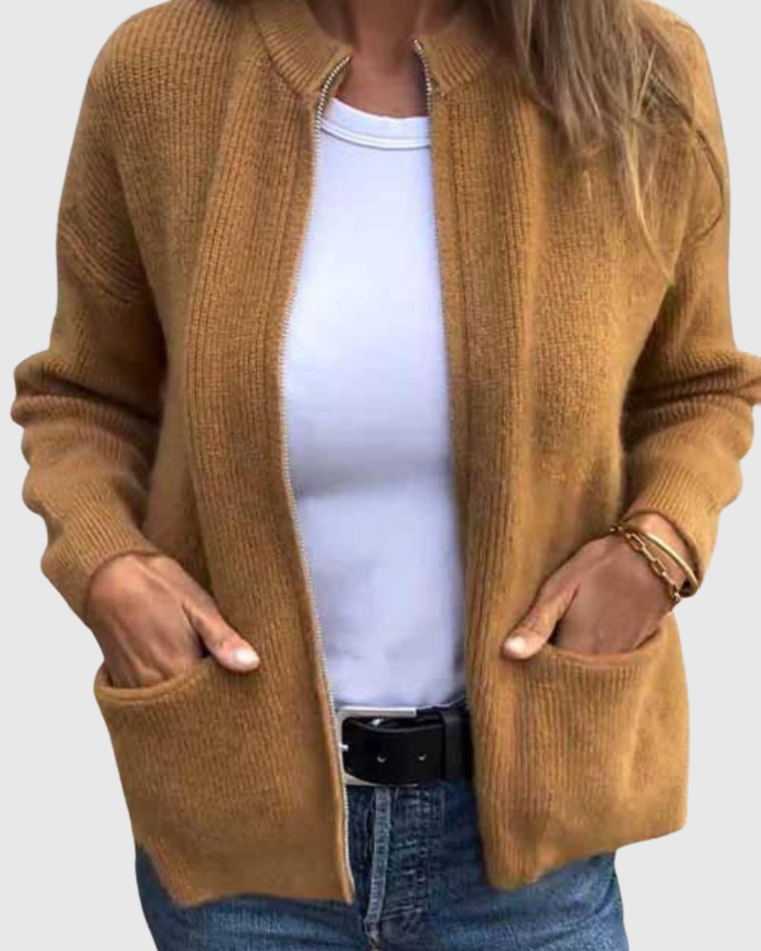 Alvera knit cardigan in brown, front view with hands in pockets