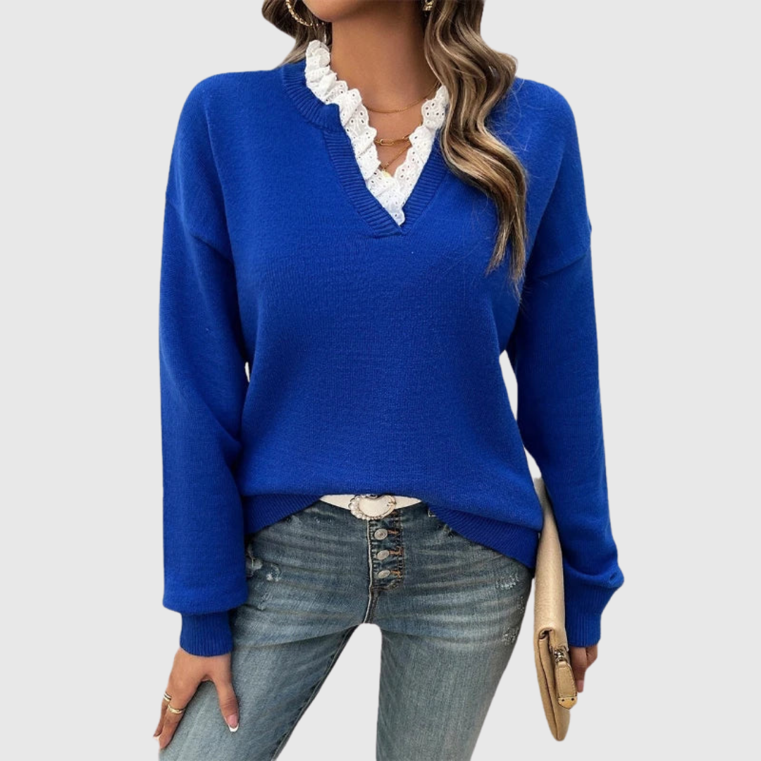 Aven knit sweater in bright blue, front view with lace neckline