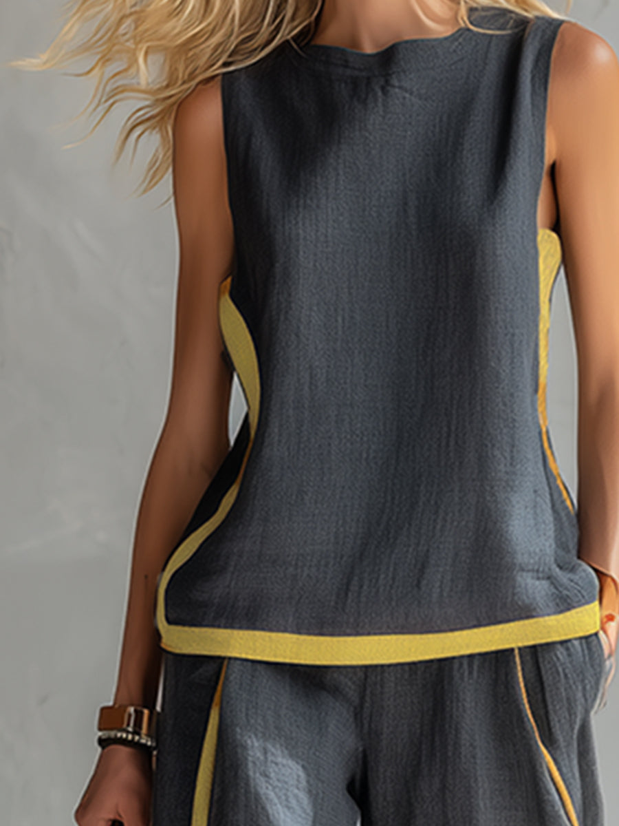 Leila set in dark grey, close-up of neckline and contrast trim detail