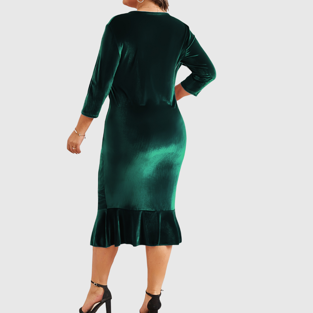 Zaar velvet midi dress in green, back view with fluted hem