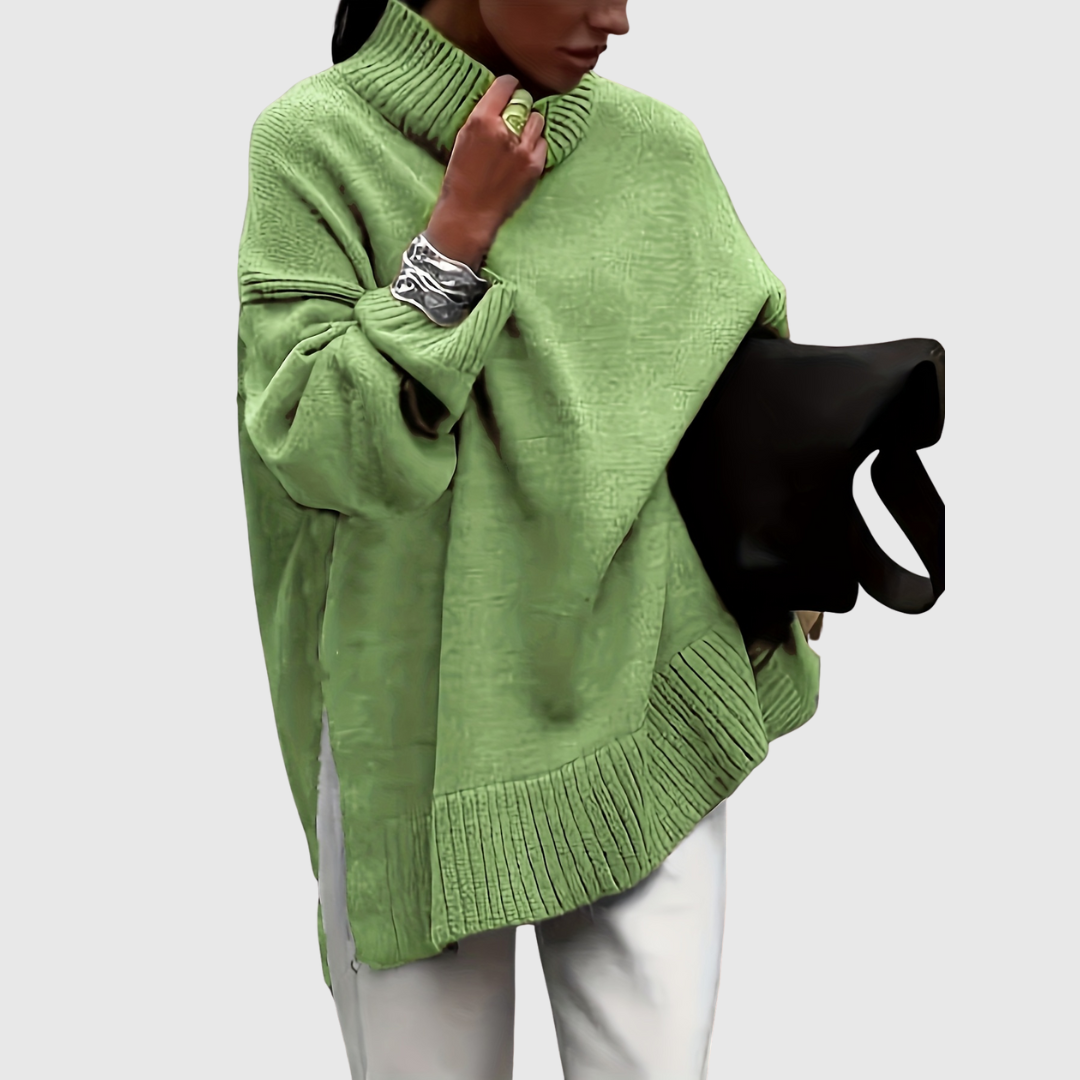 Victoria's oversized sweater in yellow-green, front view on model