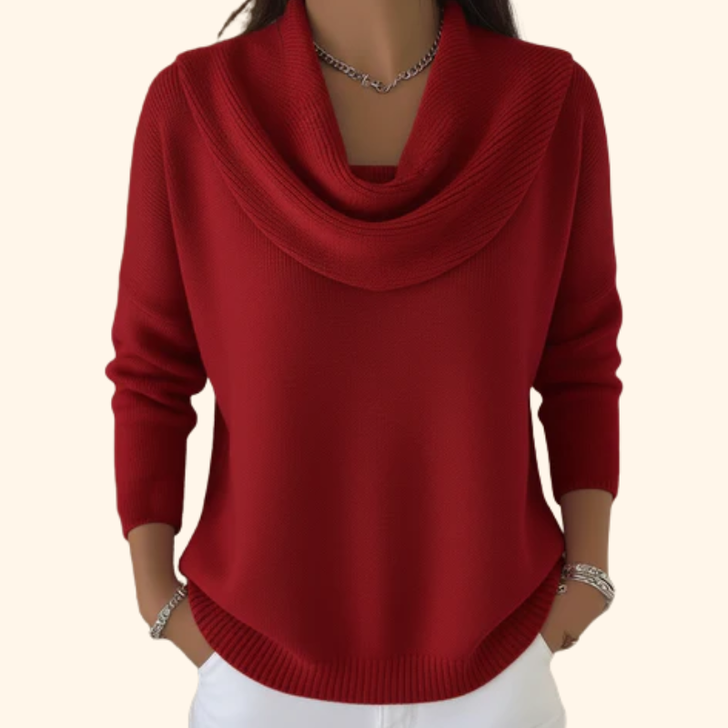 Cercie elegant sweater in red, draped collar front view