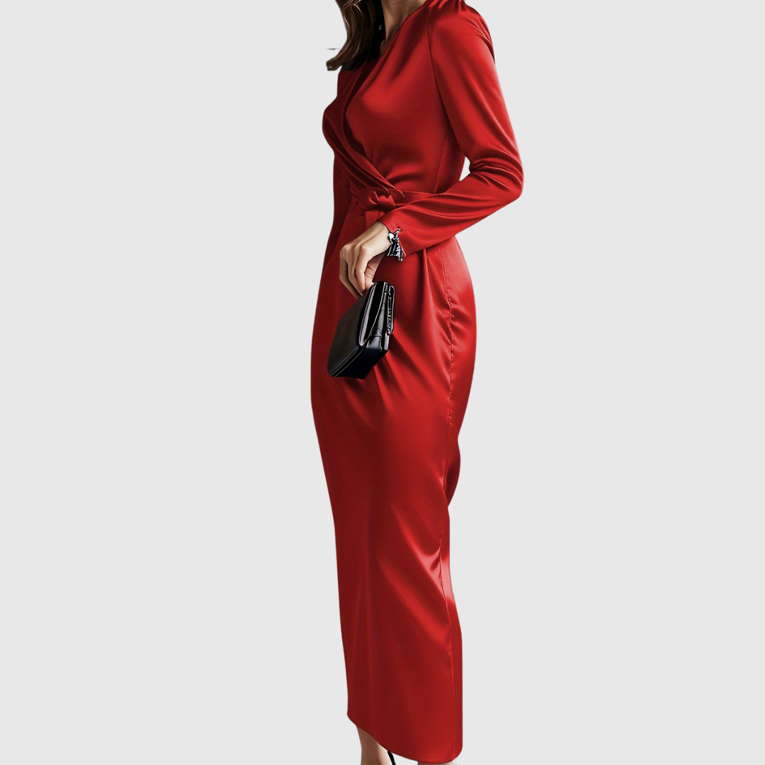 Elene satin maxi dress in deep red, side view with long sleeves