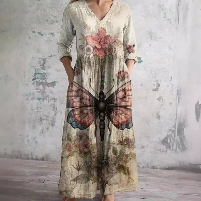 Evelyn floral summer maxi dress in beige with butterfly print, full-length front view