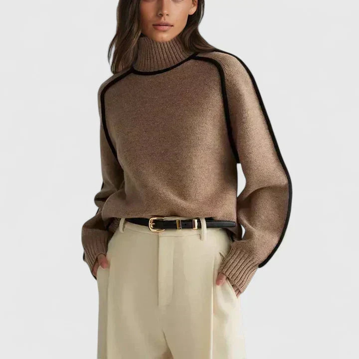 Elizandraa elegant sweater in brown, front view with contrast piping