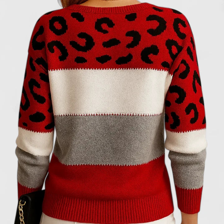 Marizelina sweater in red, close-up of leopard print and stitching