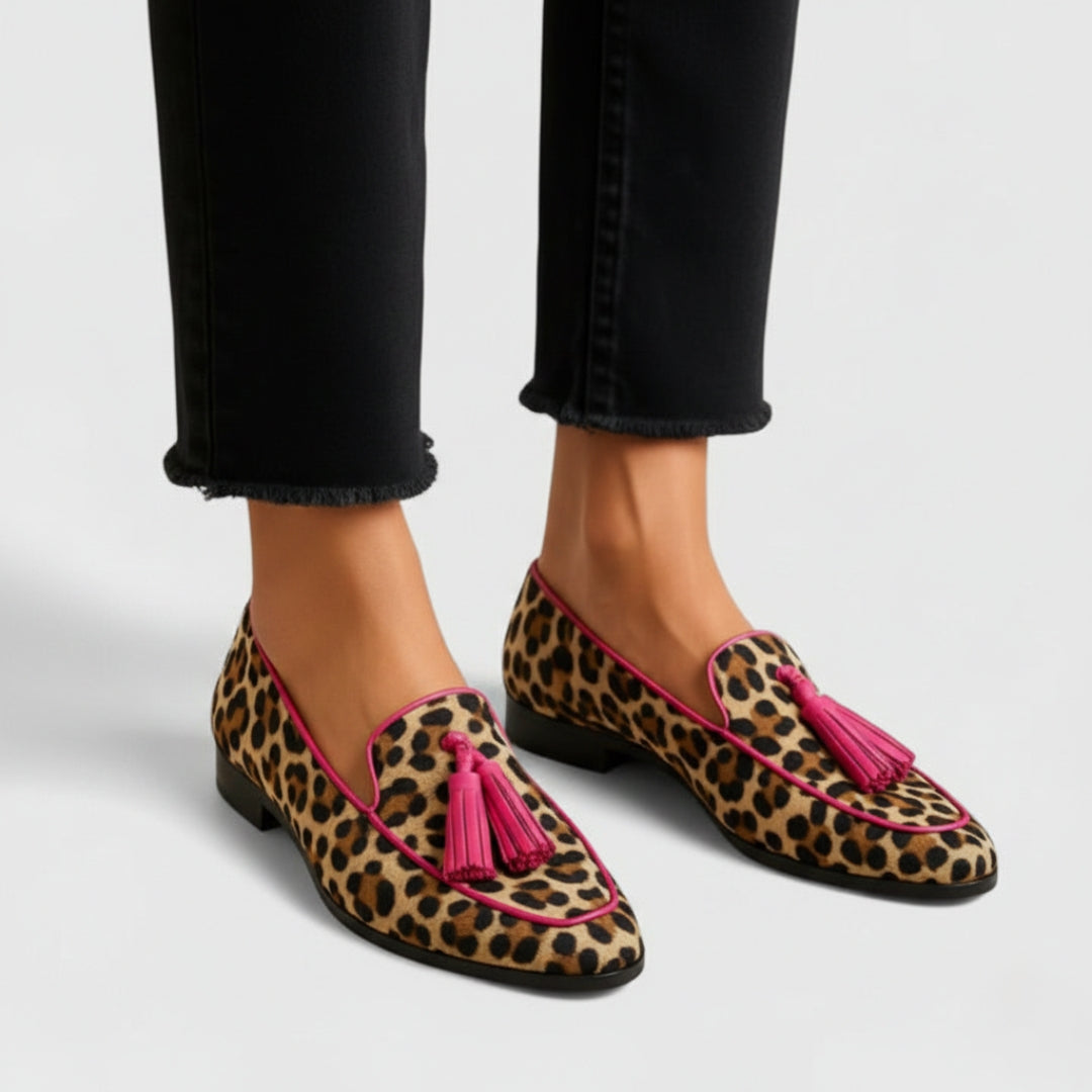 Elizabeth loafers in leopard print with pink piping, three-quarter front view