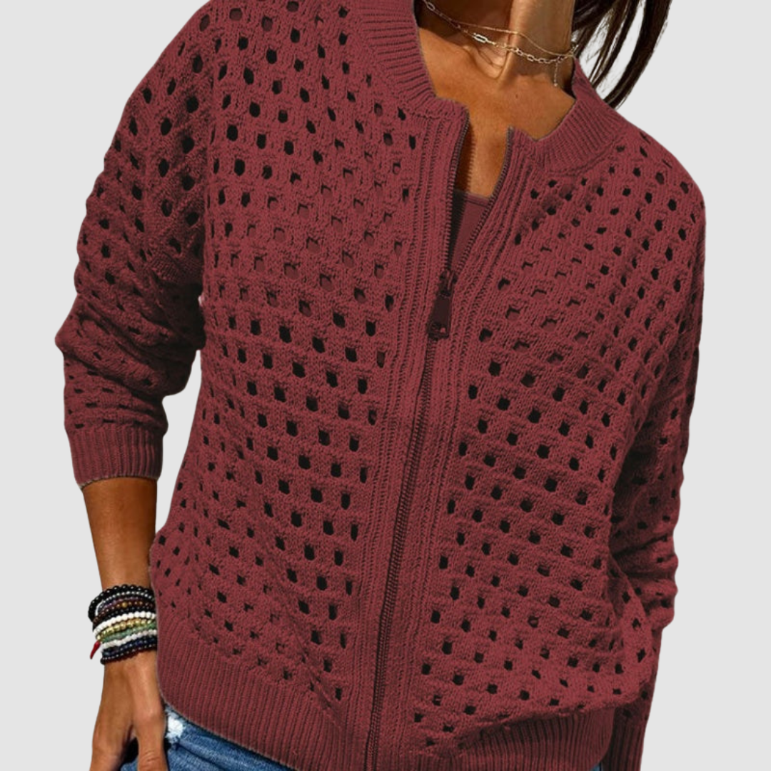 Constance knitted zip cardigan in burgundy, front view on model