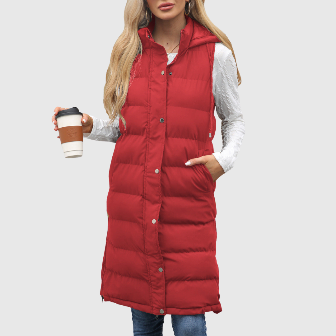 Lifia longline hooded vest in red, front view