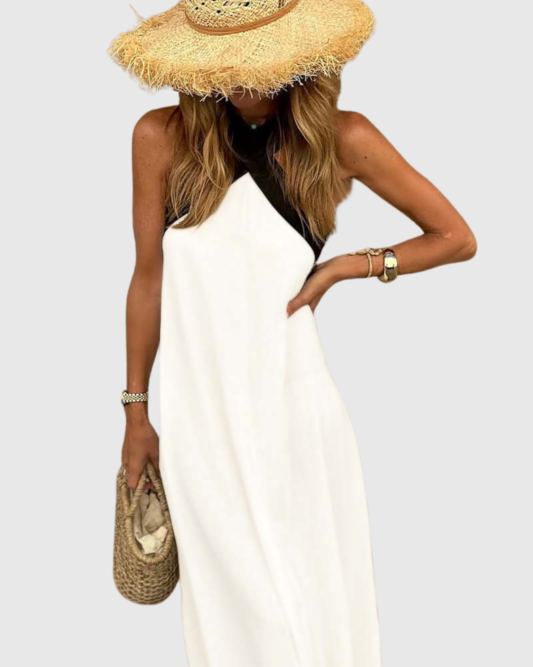 Orella cross-neck dress in white, three-quarter front view