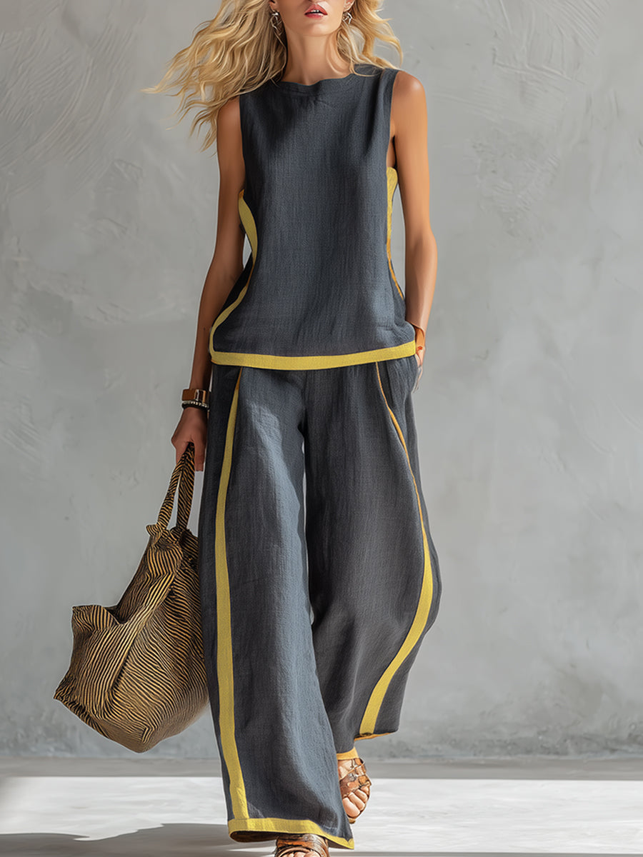 Leila two-piece set in dark grey with yellow trims, full front view