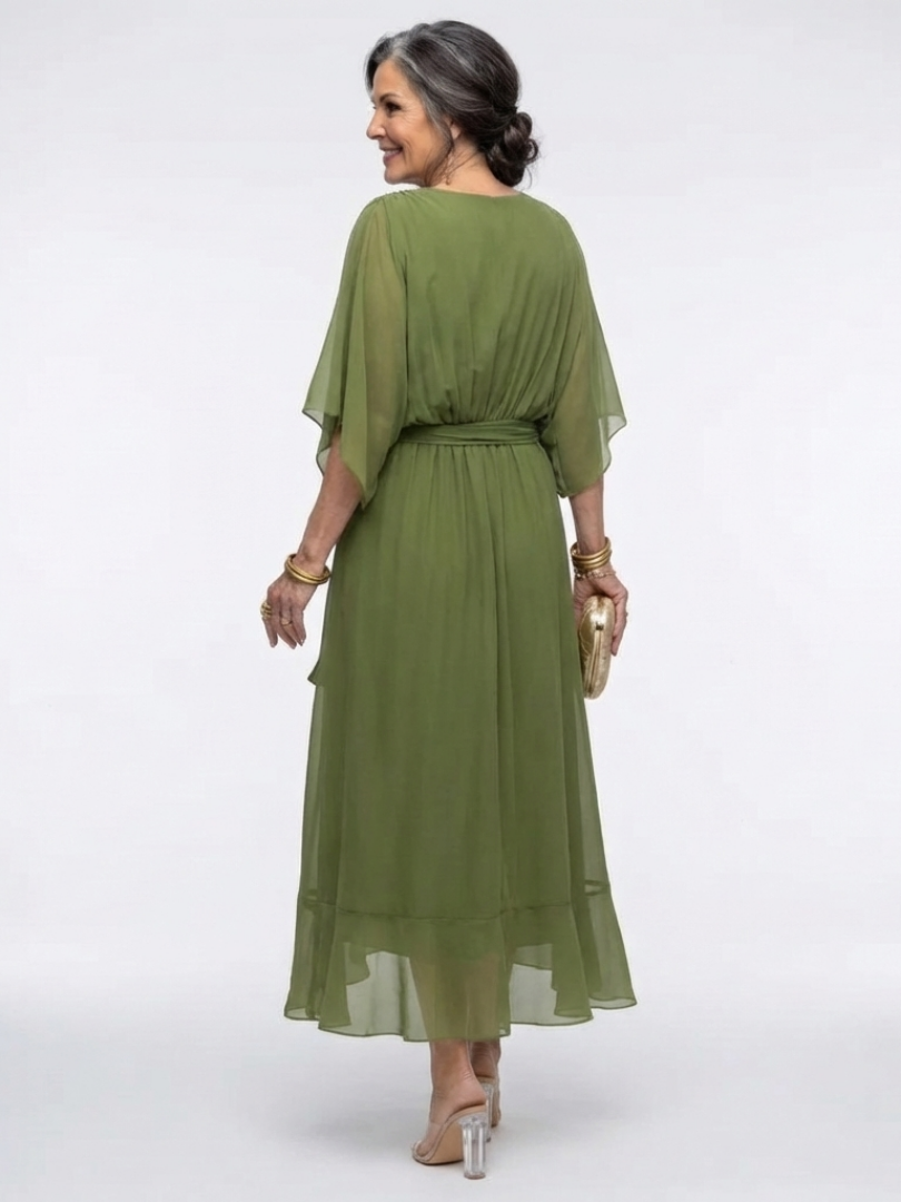 Elysia V neck midi dress in green, back view with waist tie