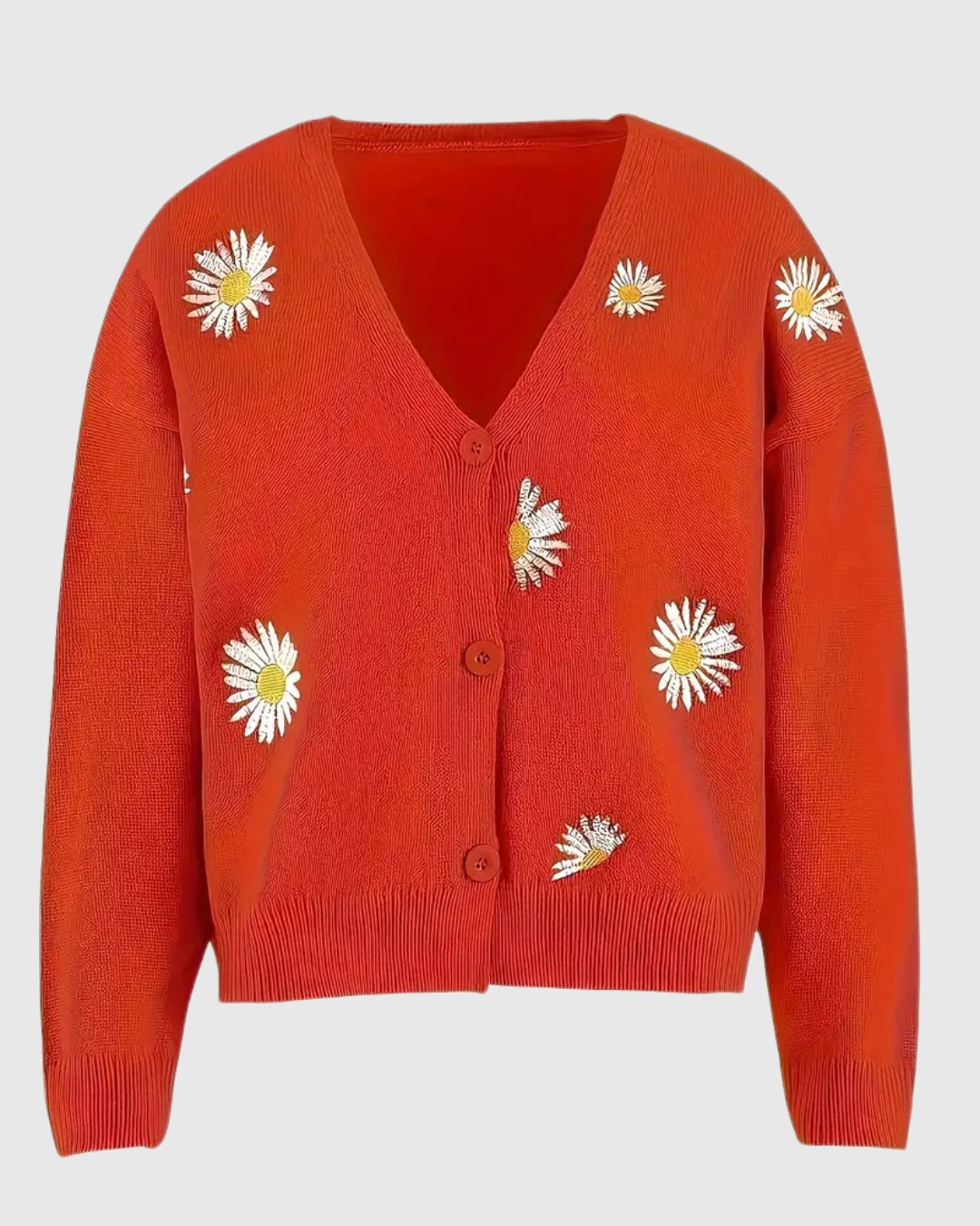 Irene knit button cardigan in red, flat front view of V-neck and buttons