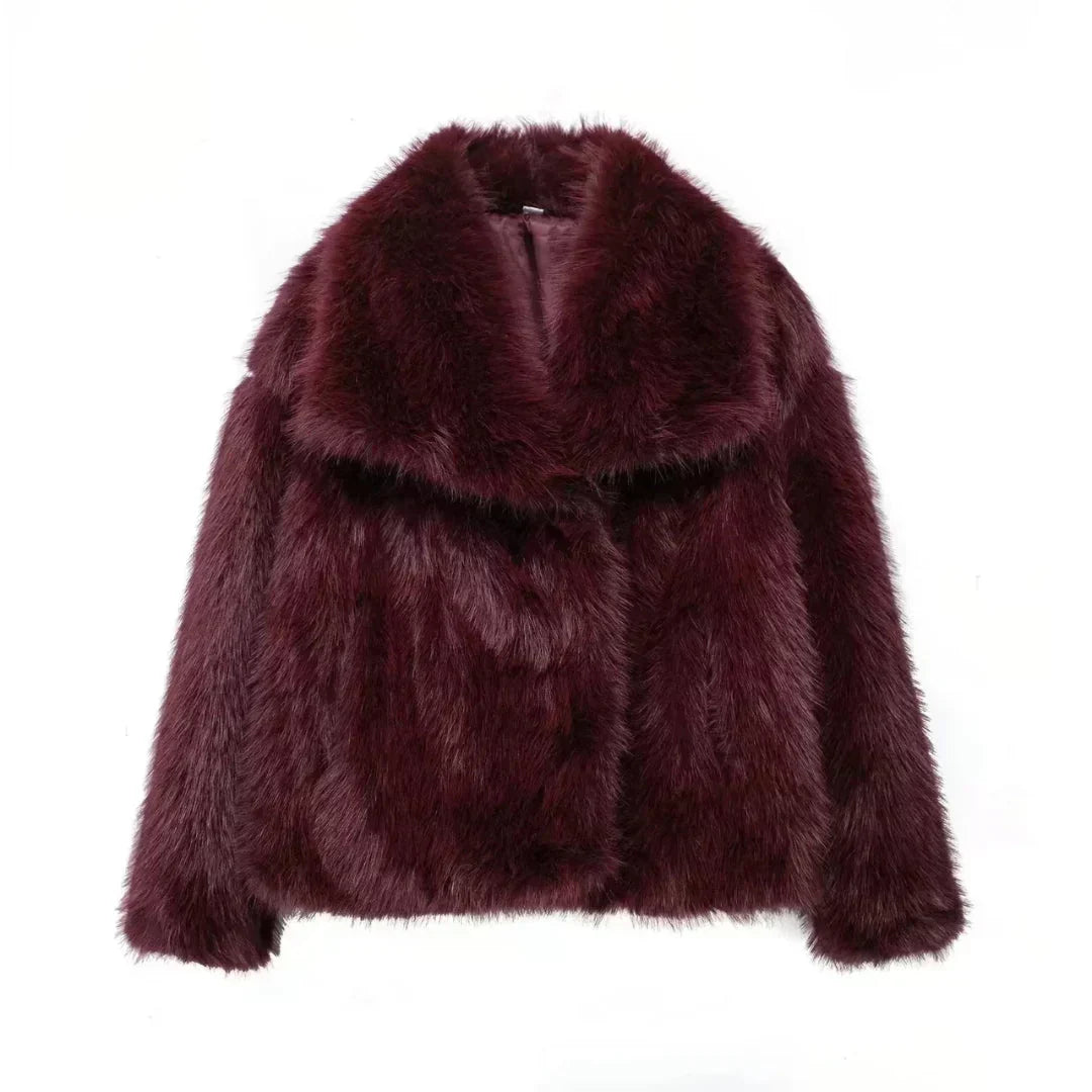 Fiorina faux fur jacket in burgundy, front view