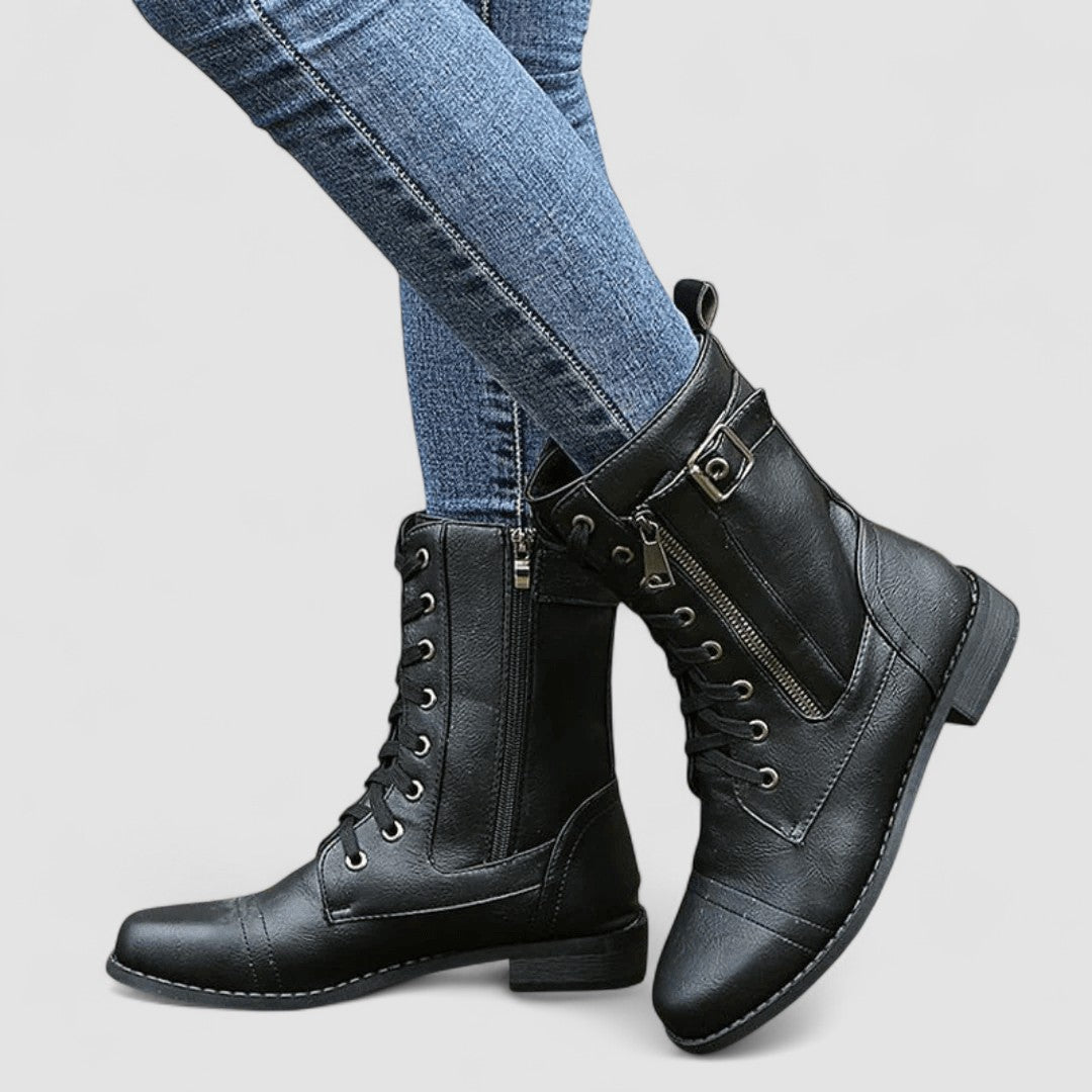 Tallulah buckled western boots in black, worn side view