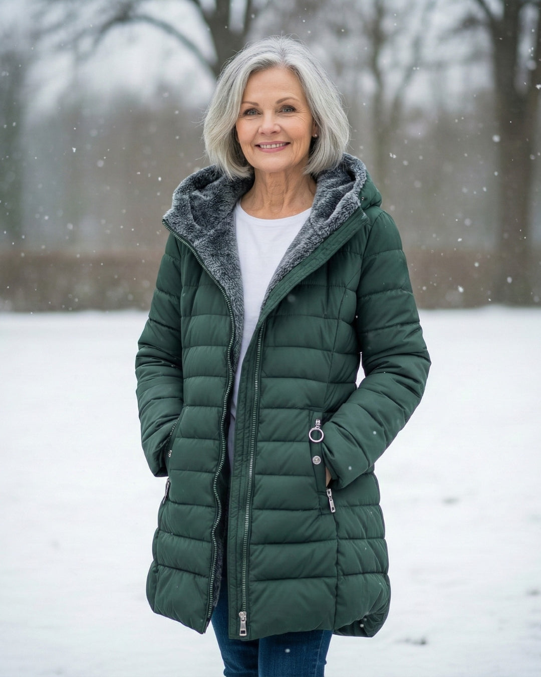 Harriet fleece lined puffer coat in dark green, front view with hood down