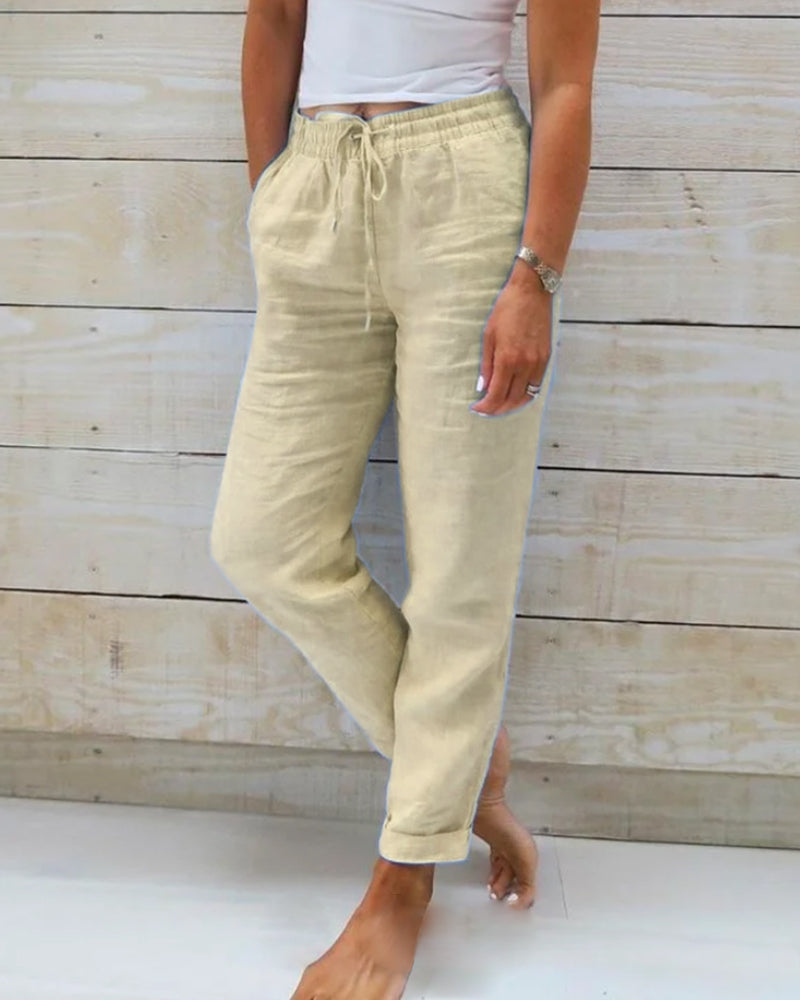 Averie relaxed drawstring trousers in khaki, full-length front view