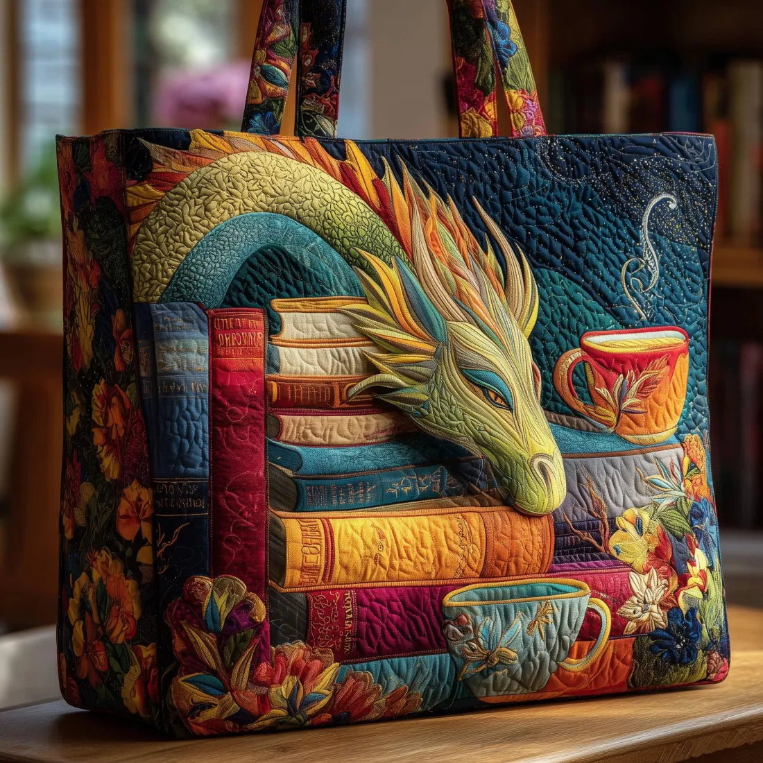 Handcrafted tote bag with dragon, books and teacups design in navy and gold, front view