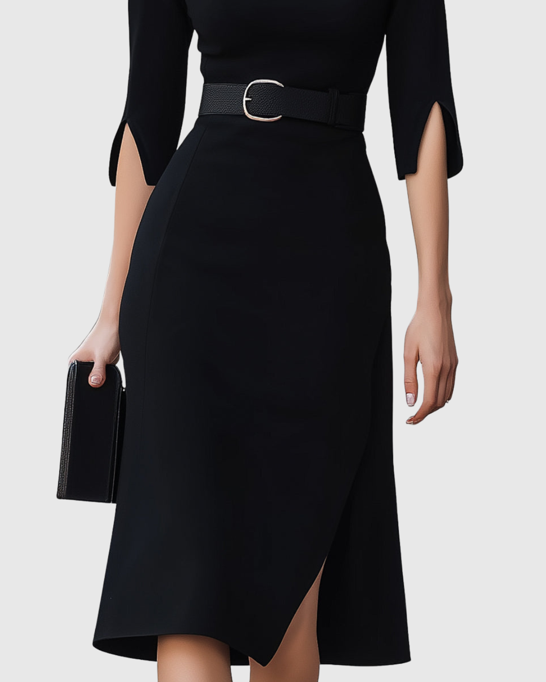 Blythewyn black midi dress, detail of buckle belt and asymmetric hem