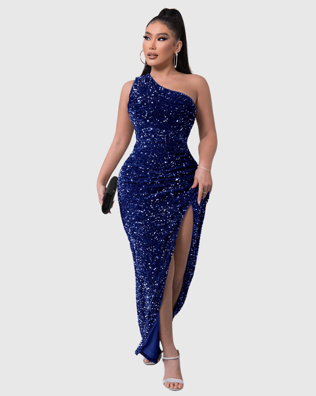 Lillian one-shoulder sequin evening dress in navy blue, full-length front view