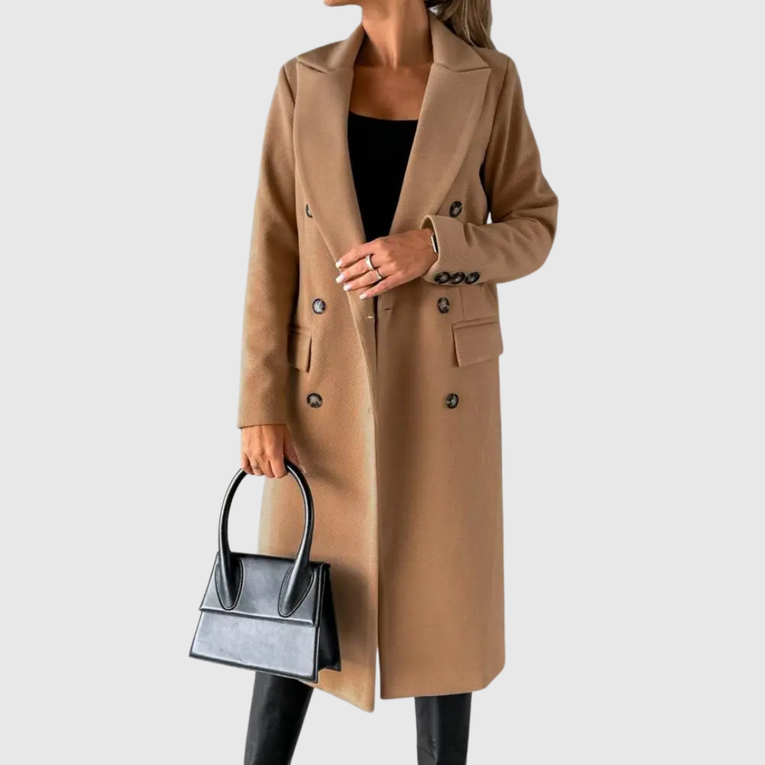 Aveline winter coat in khaki, front view with buttoned cuffs