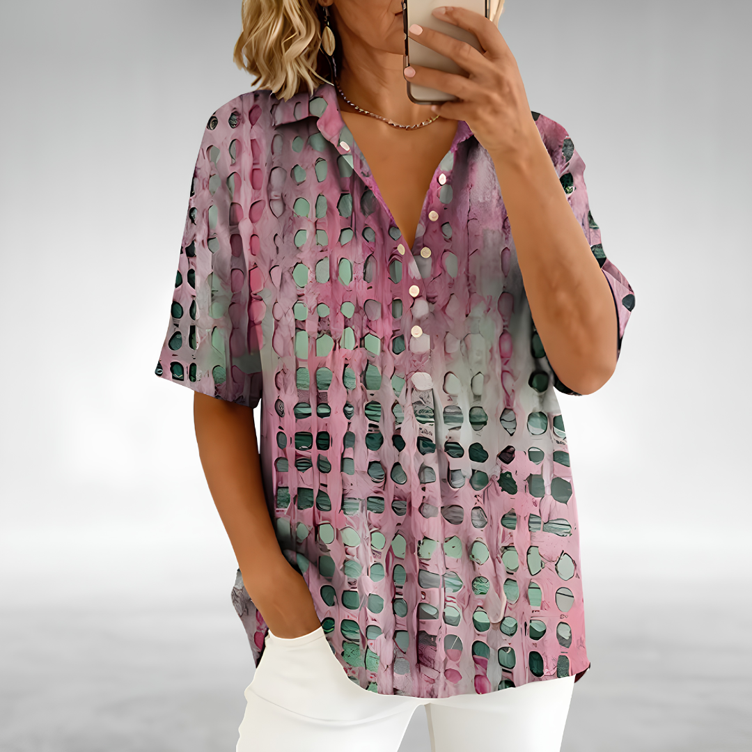 Melody relaxed comfort top in pink, front view with white trousers