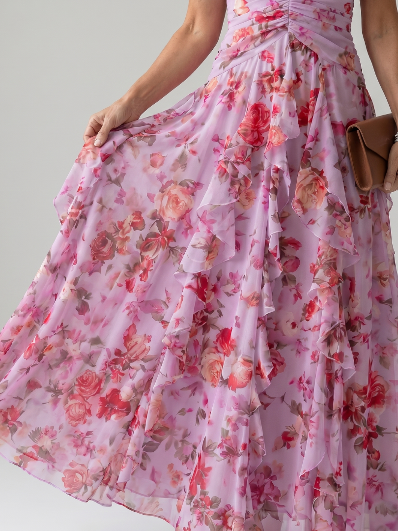 Nori floral maxi dress in pink, close-up of layered skirt