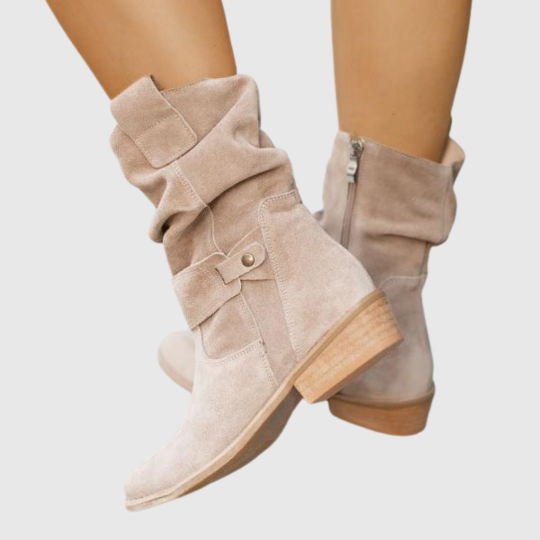 Corissa slouchy suede boots in beige, worn front view