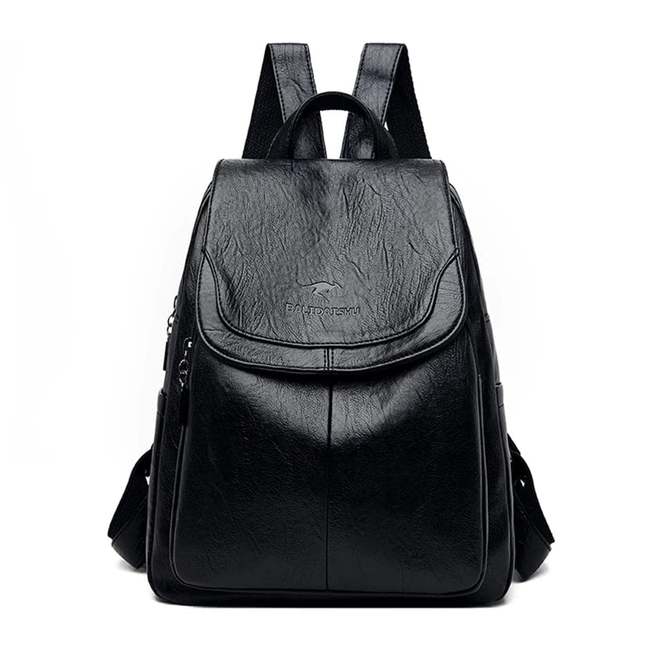 Phoebe secure leather backpack in black, front view