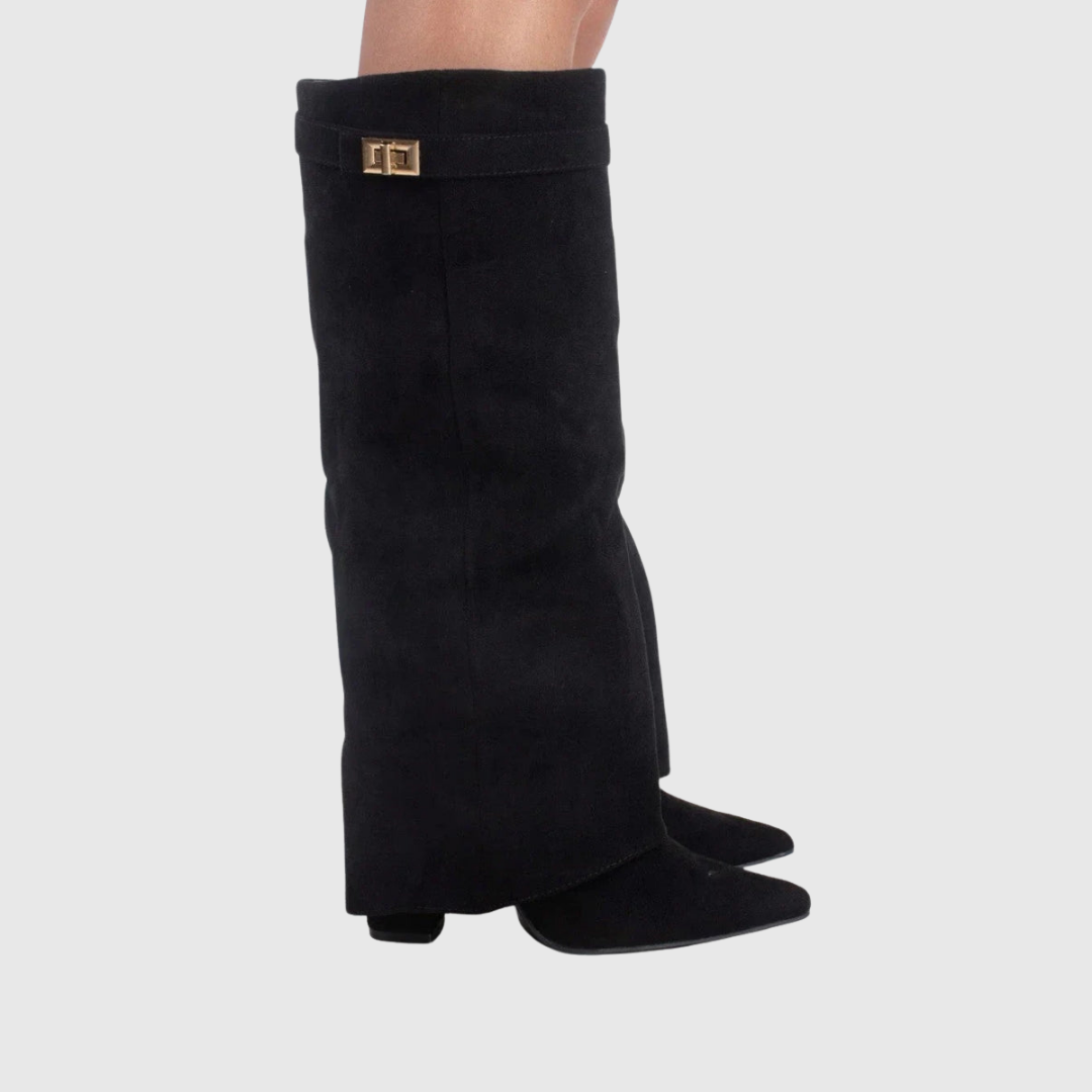 Lelene knee-high wedge boots in black suede, folded cuff detail
