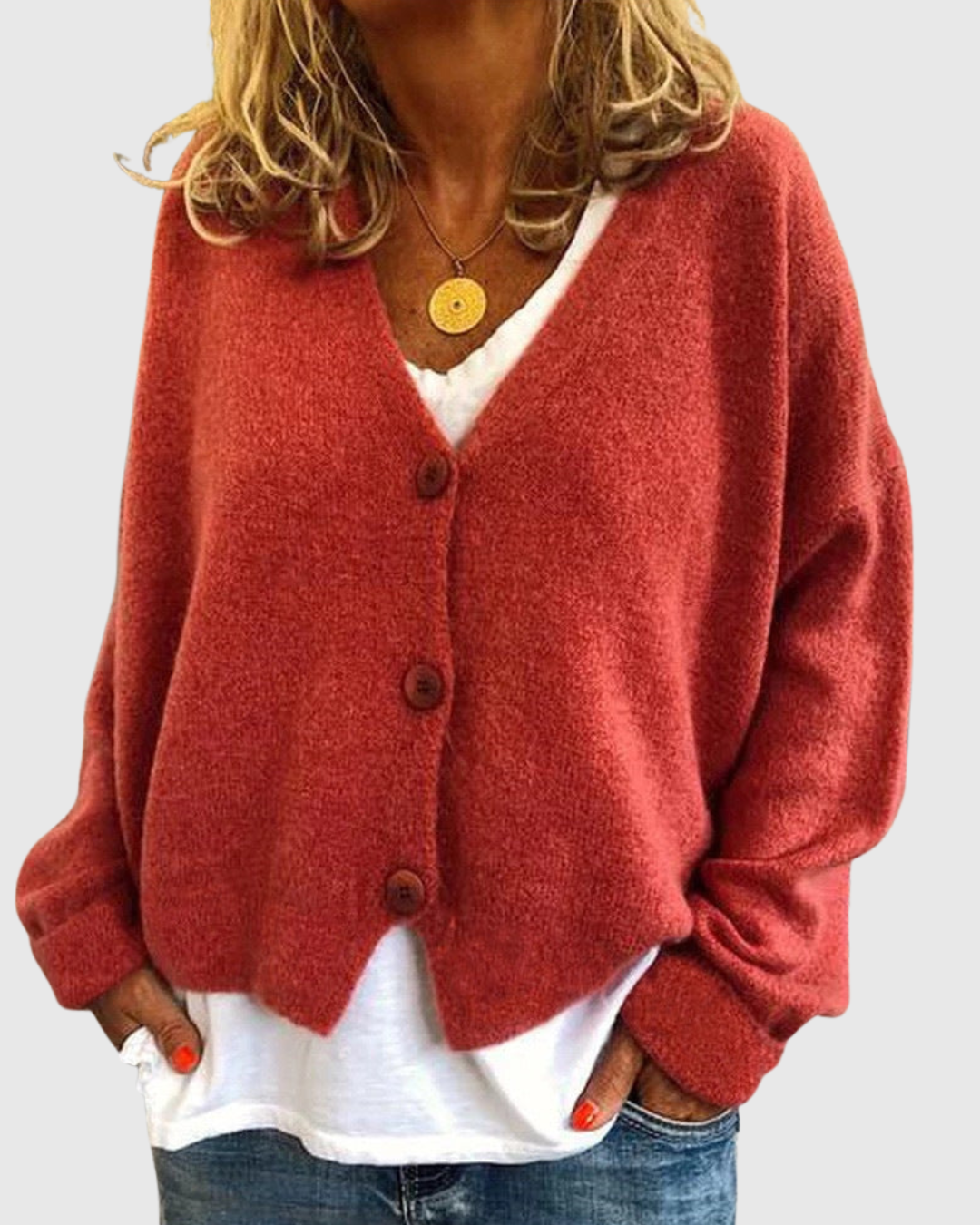 Evelora knit cardigan in maroon, front view