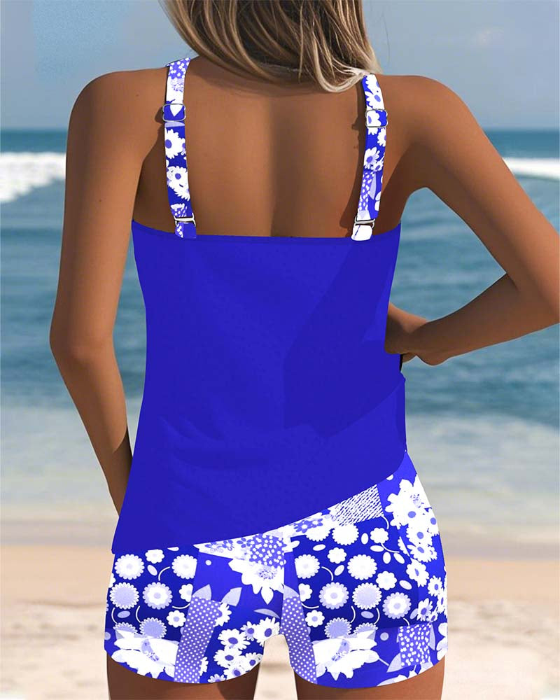 Sarah swimsuit set in blue, back view of tank and shorts