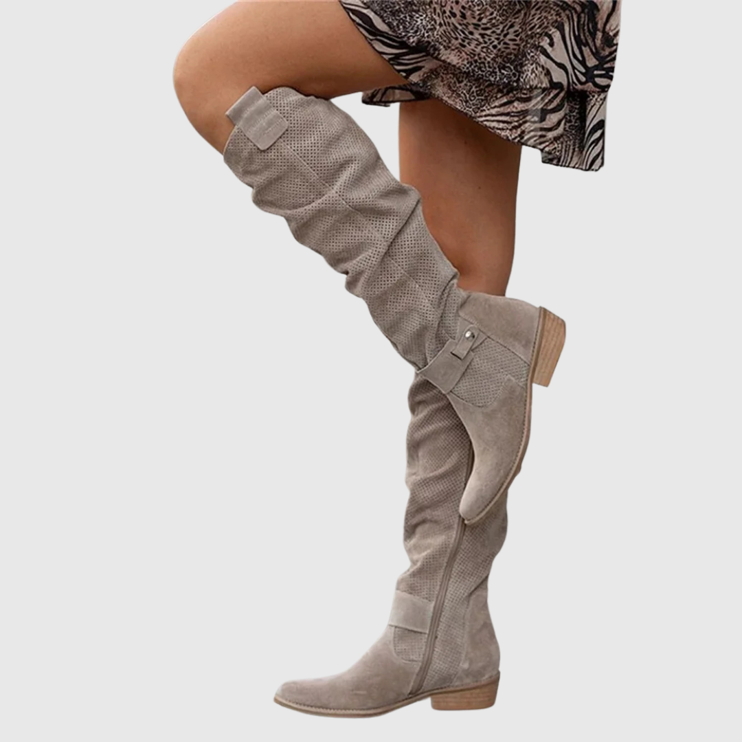 Elvoria knee-high boots in khaki, front view with slouched perforated shaft