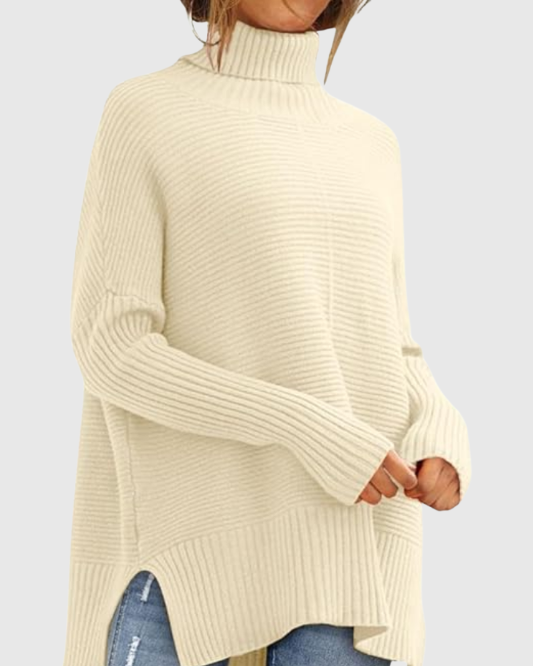 Aeronwen ribbed turtleneck knit jumper in beige, front view with split hem