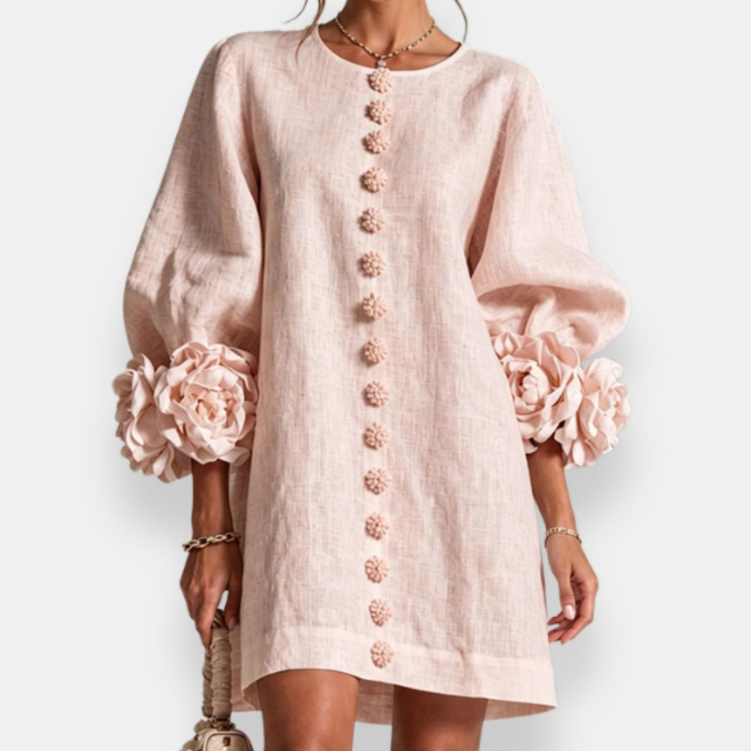 Cecily sculpted floral button dress in pink, front view