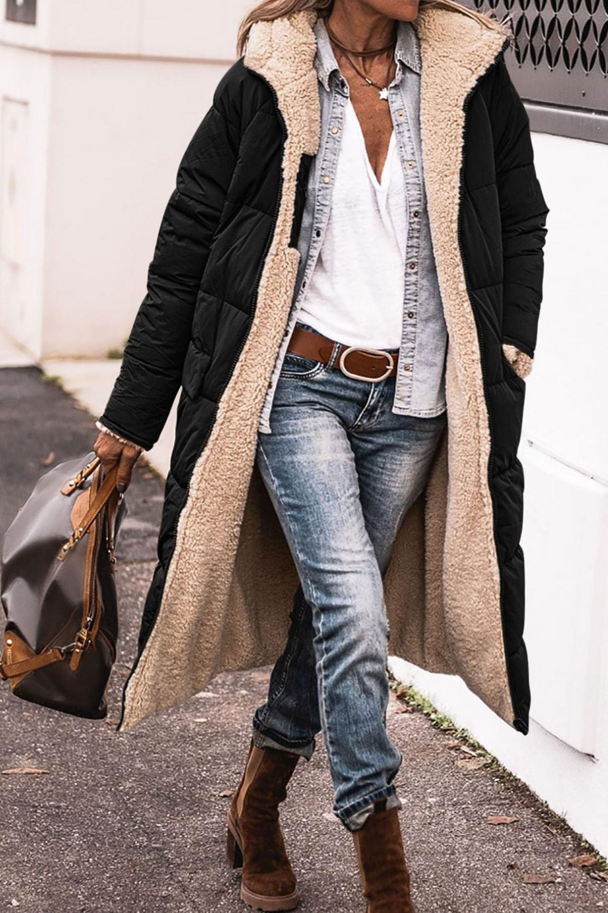 Celia reversible padded coat in black, full-length front view