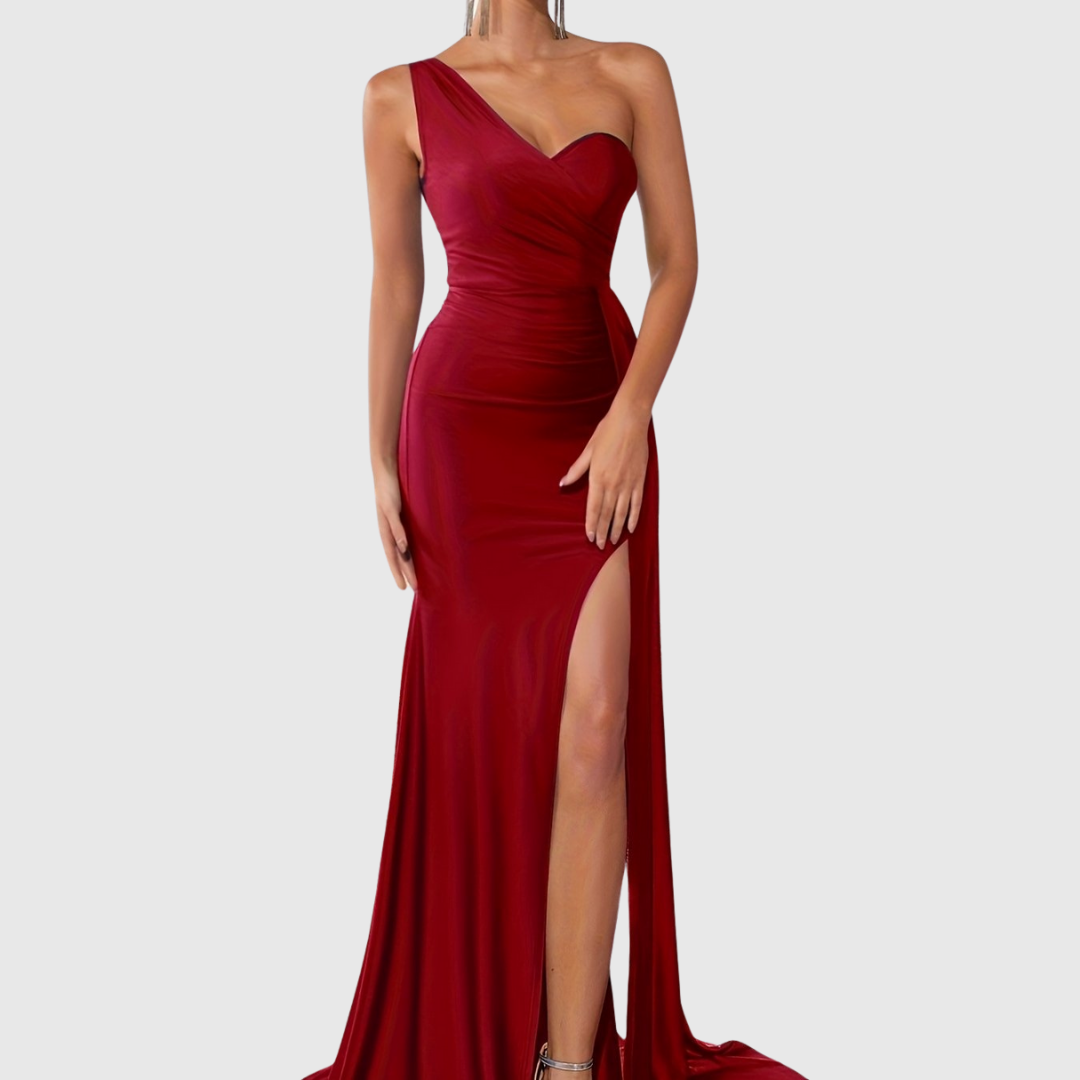 Selvyna one-shoulder mermaid gown in crimson red, full-length front view