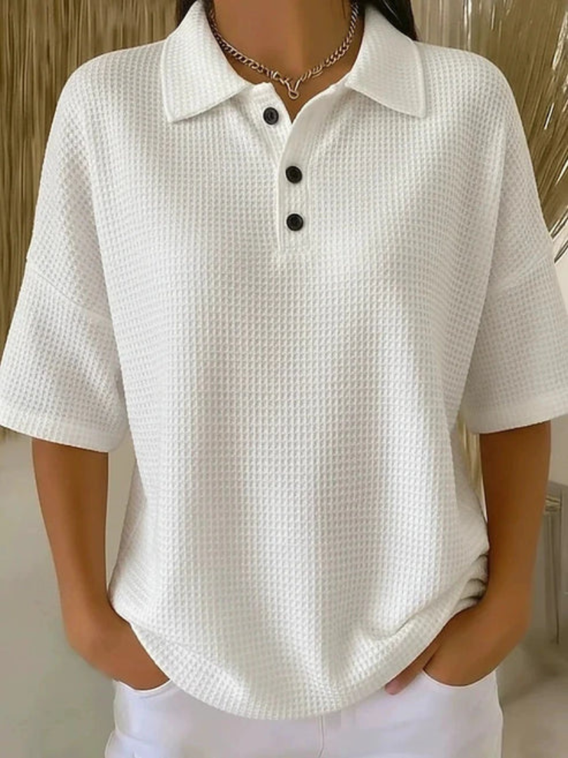Peggie waffle polo blouse in white, relaxed front view