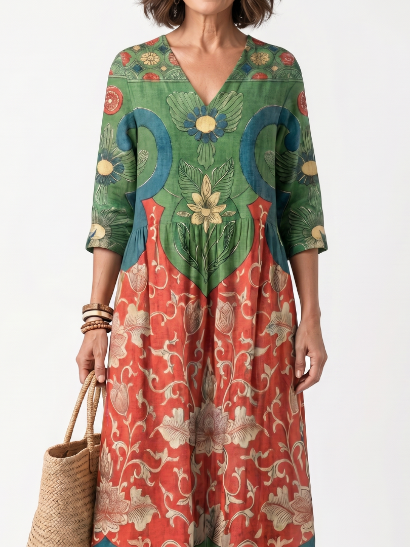 Sloane midi dress close-up of V neckline and gathered waist print detail