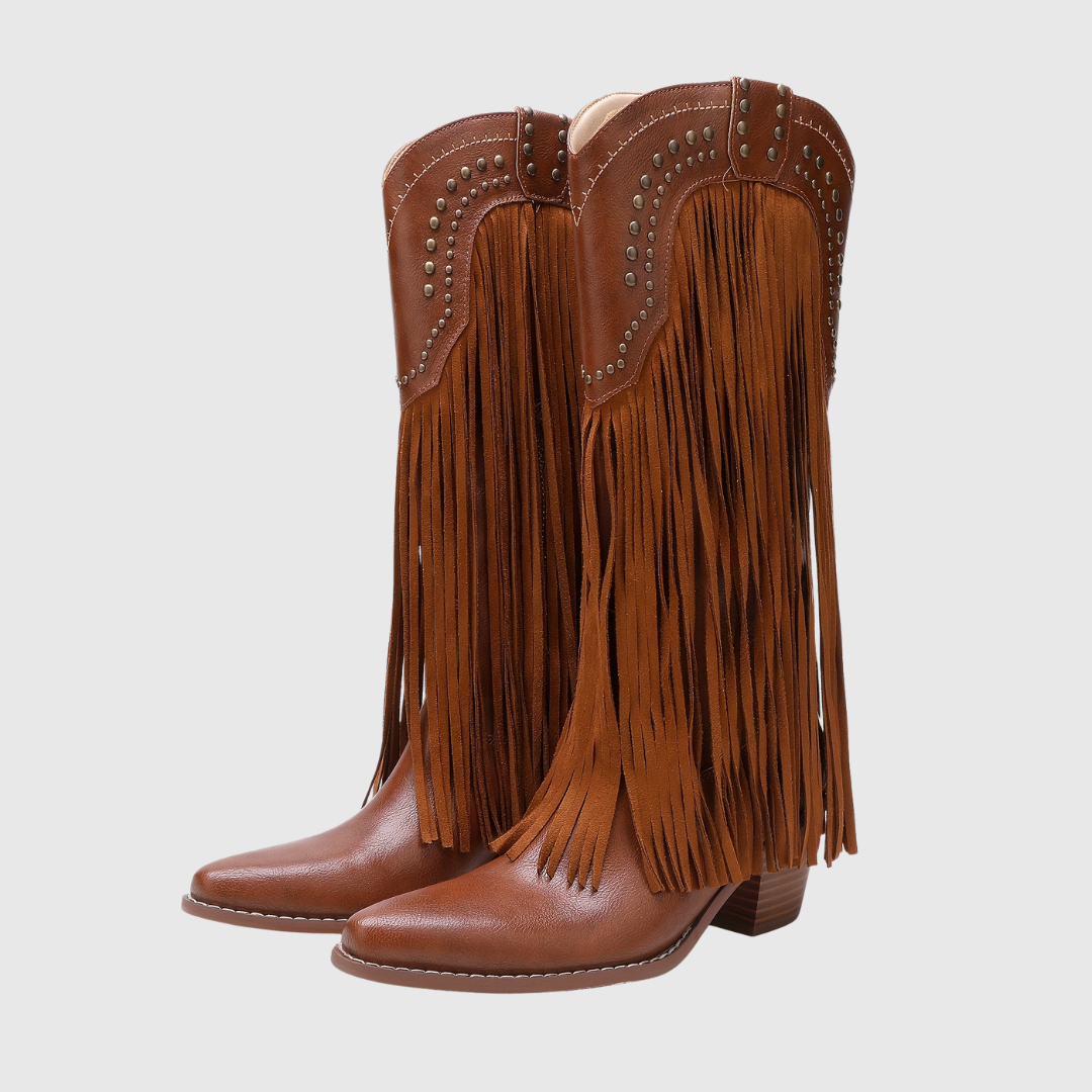 Damaris fringed Western boots in tan brown, angled pair view
