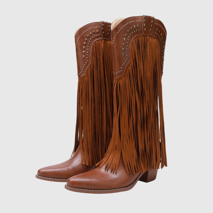 Damaris fringed Western boots in tan brown, angled pair view