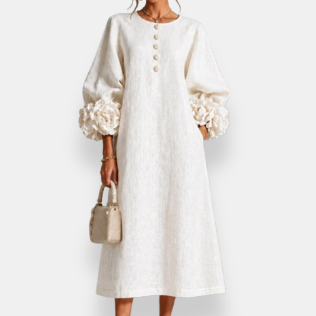 Annabelle floral appliqué midi dress in white, full-length front view